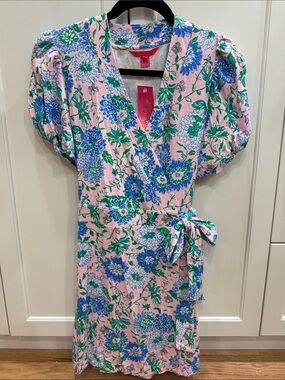 Lilly Pulitzer Pink Floral Wrap Mini with Blue and Green Blooms